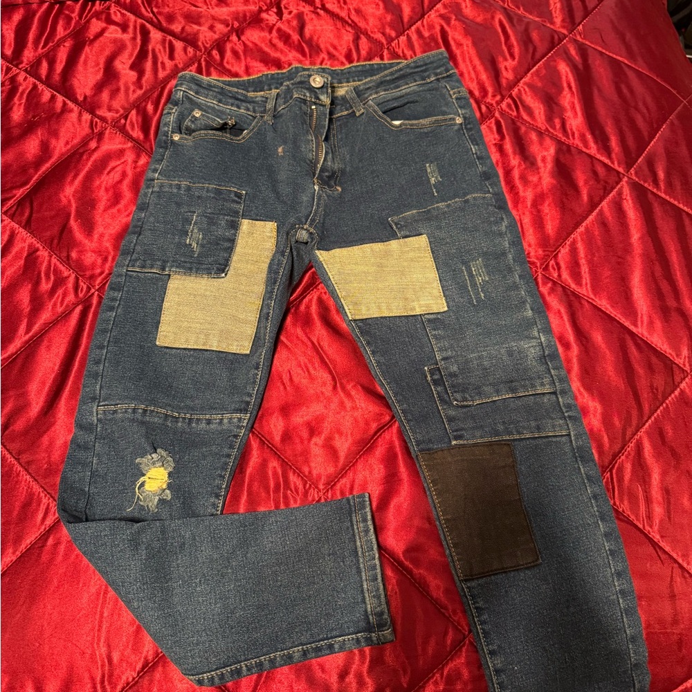 Blue and Tan Skinny Jeans with Distressed Patchwork